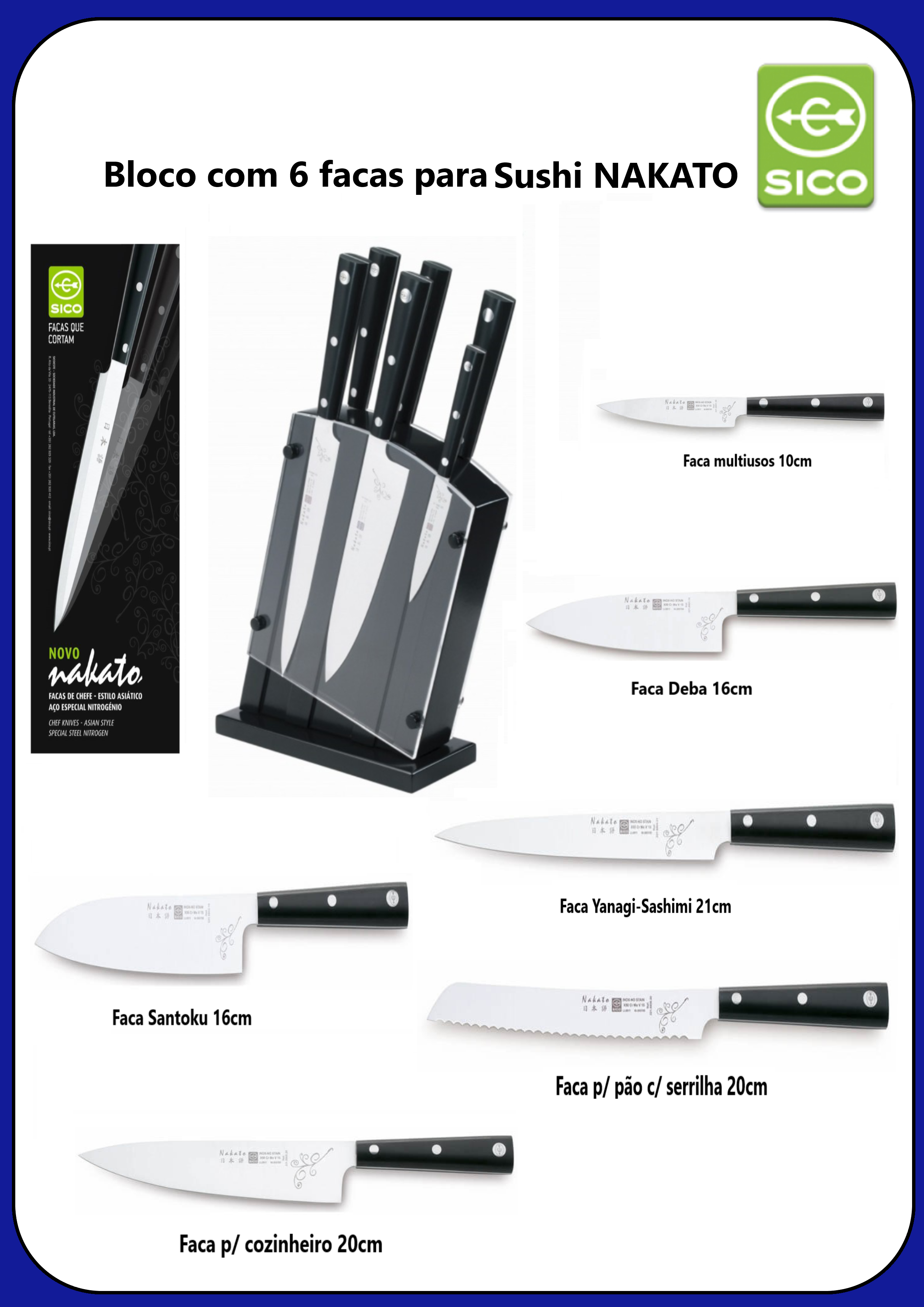 Bloco Preto Com 6 Facas Sushi Nakato Sico                   