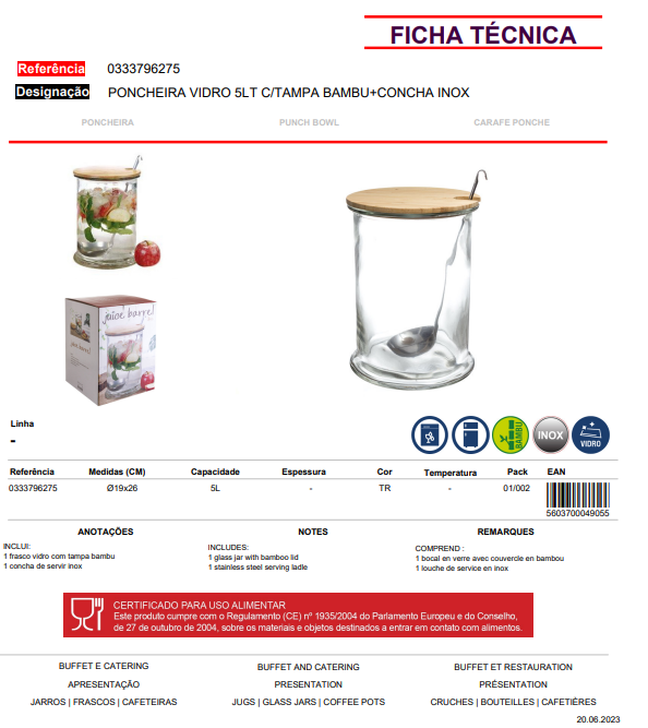 Poncheira Vidro 5Lt C/Tampa Bambu+Concha Inox               