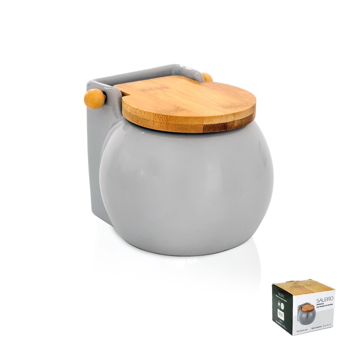 Saleiro Porcelana C/T/Madeira 13*12*11Cm Cinza B5001A       