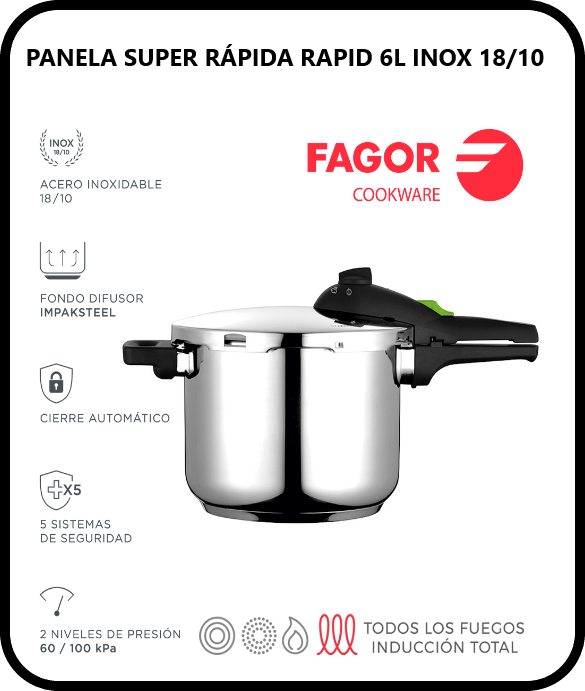 Panela Super Rápida Rapid 6L Inox 18/10 Fagor               