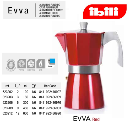 Cafeteira Express Evva Red 6 Chav. 300Ml Aluminio  Ibili    