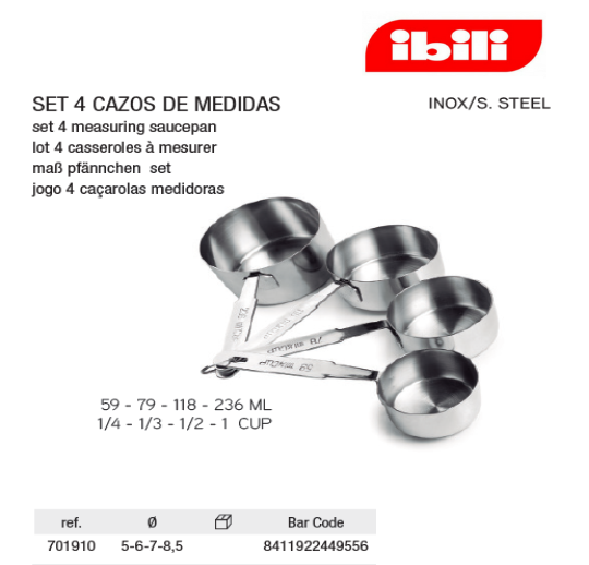 Conjunto 4 Taças De Medida Inox 59-79-118-236Ml Ibili       