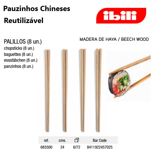 Pauzinhos Chineses 8 Unidades Mad. De Faia  24Cm Ibili      