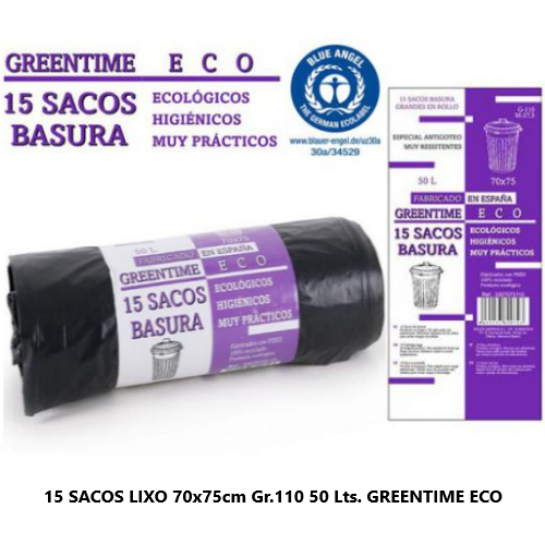 15 Sacos Lixo Preto 70X75Cm Gr.110  50 Lts. Greentime Eco   