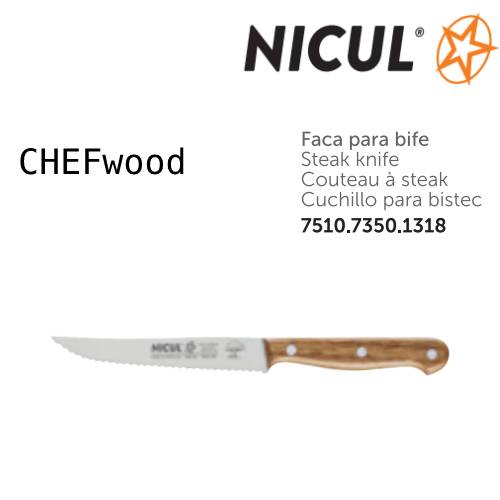 Faca Bife Serrilha 30Cm Chefwood Cabo Mad. Carvalho Nicul   