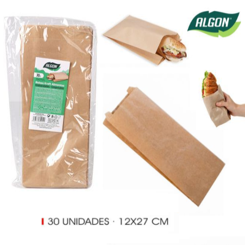 Bolsas  Papel  Kraft  12X27Cm  30 Und.  Algon               