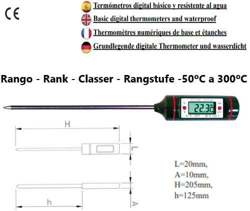 Termómetro Digital Básico -50/+300ºc Sonda.12,5Cm Total 20Cm