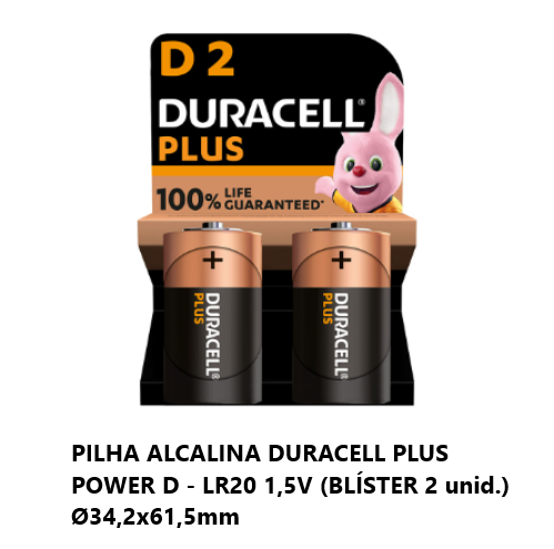 Pilha Alcalina Duracell Plus Power D-Lr20 1,5V (Blíster 2)  