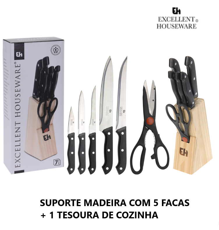 Suporte Madeira Com 5 Facas + 1 Tesoura De Cozinha          
