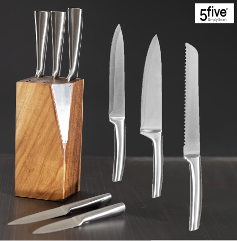 Bloco Com 5 Facas De Madeira Acacia Modelo Black Menu       