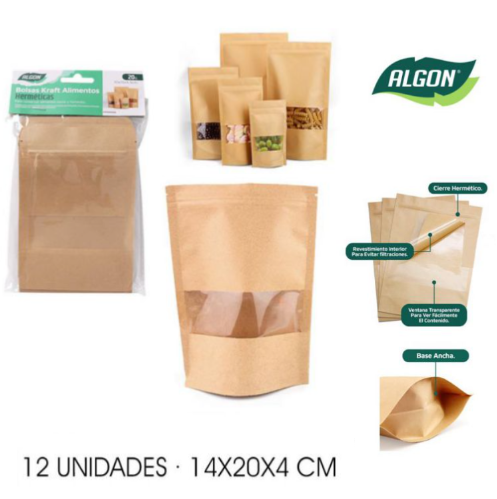 Saco Kraft C/Janela P/Alimentos 12 Unid. 14X20X4Cm Algon    