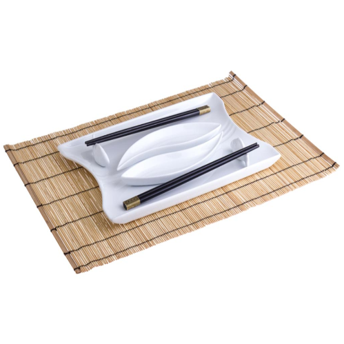 Conj. Oriental Porcelana C/Travessa+Taças+Paus+Esteira      