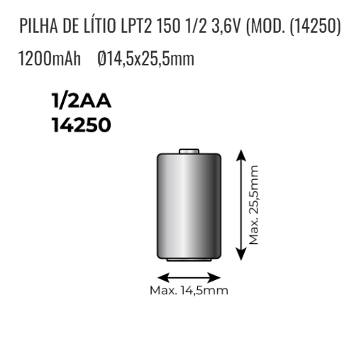 Pilha Lítio Lpt2 150 1/2 3,6V Mod.14250 1200Mah Ø14,5X25,5Mm