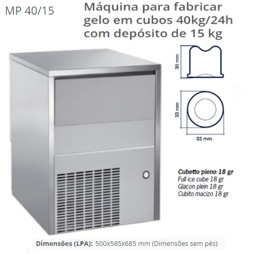 Máquina Gelo Cubos 18Gr  40Kg/24H Depósito 15Kg Mp 40/15    
