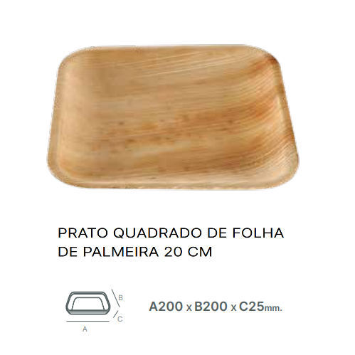 Prato Quadrado Folha De Palma 200X200X25Mm Pack 25 Unid.    