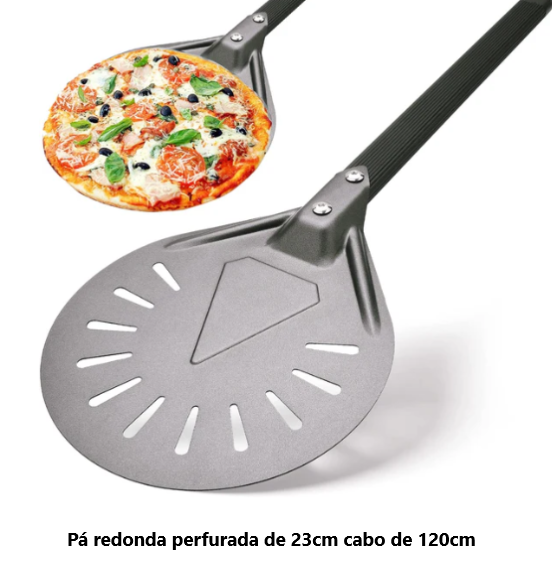 Pá Para Pizza Perfurada Em Aluminio Redonda 23Cm Cabo 120Cm 
