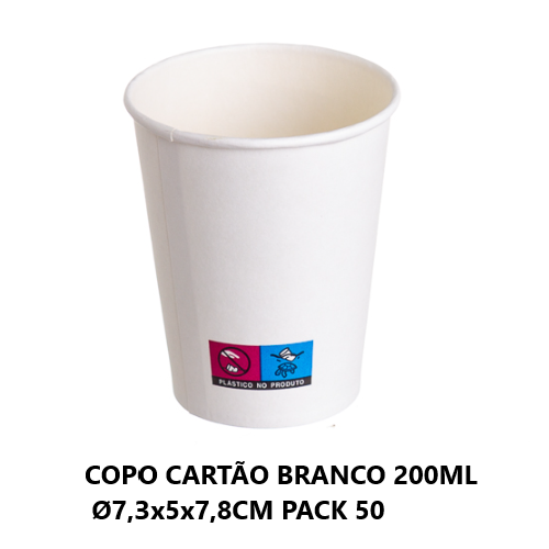 Copo Cartão Branco 200Ml Ø7,3X5X7,8Cm Pack 50 Unid.         