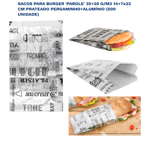 Saco Para Burguer Parole 14+7X22Cm Papel+Aluminio 500 Unid  