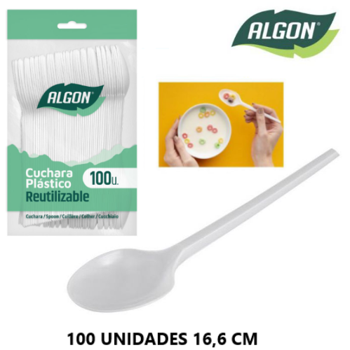 Pack De 100 Colheres Plastico Reutilizável 16,6Cm Algon     