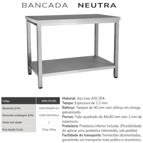 Bancada Neutra Inox Sem Alçado C/ 1 Prat 1200X700X850Mm     