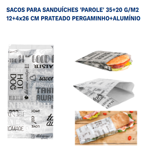 Saco P/Sanduiche Parole 12+4X26Cm Papel+Aluminio 250 Unid   
