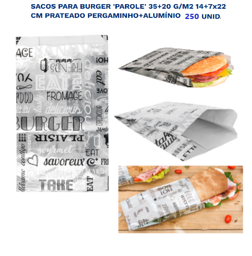 Saco Para Burguer Parole 14+7X22Cm Papel+Aluminio 250 Unid  