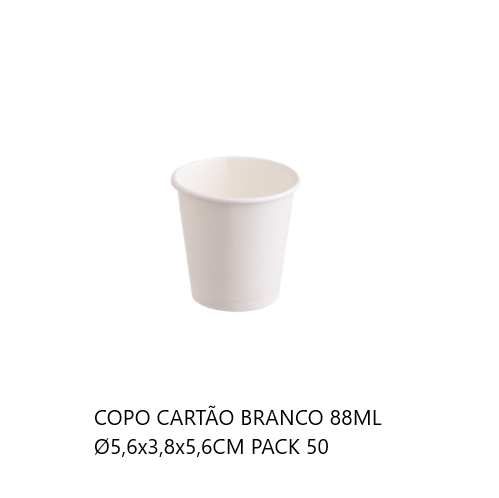Copo Cartão Branco 88Ml Ø5,6X3,8X5,6Cm Pack 50 Unid         