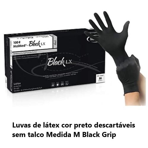 Luva Látex Preta Descartáveis S/Talco Tam.-M Black Grip 100U