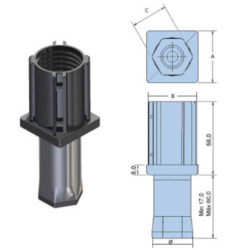 Pé Reg. Peq. Preto Em Pa/Inox Sext. P/ Tubo 40X40 16/60Mm   
