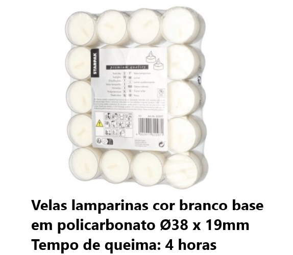 40 Velas Lamparinas Ø38X19Mm Branco Base Policarb. Dura 4H  