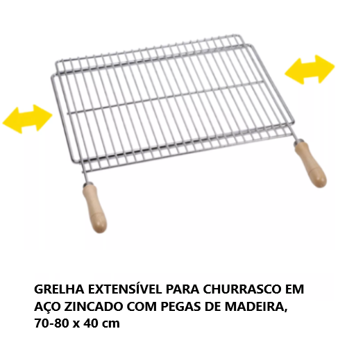 Grelha Extensivél P/Churrasco C/Pegas De Madeira,70-80X40Cm 