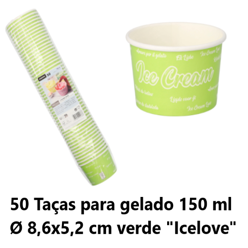 50 Taças Para Gelado Em Cartão150Ml Ø8,6X5,2Cm Verde Icelove