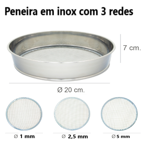 Peneira Em Inox 20X7Vm Com 3 Malhas 1Mm. / 2,5Mm. / 5Mm     