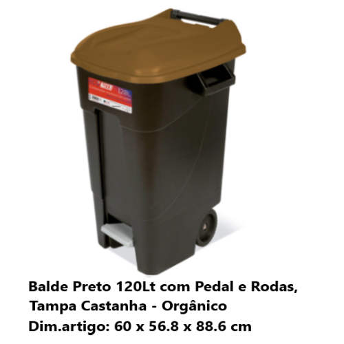 Balde Preto 120Lts C/Pedal+Rodas Tampa Castanha 60X56,8X88Cm