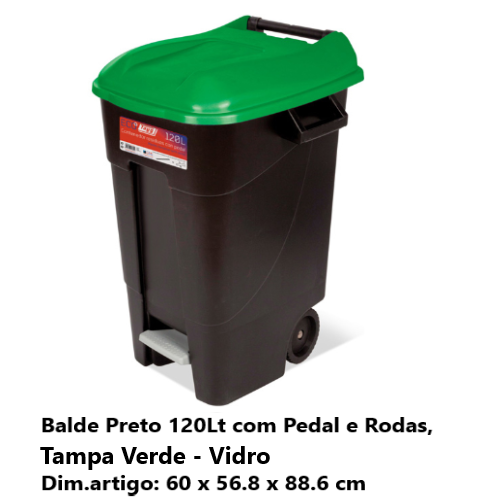 Balde Preto 120Lts C/Pedal+Rodas Tampa Verde 60X56,8X88Cm   