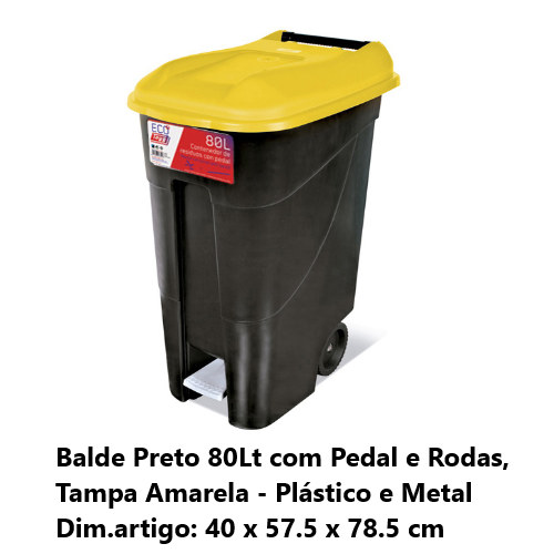 Balde Preto 80Lts C/Pedal+Rodas Tampa Amarela 40X57,6X78Cm  