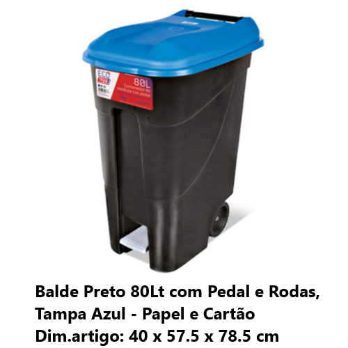 Balde Preto 80Lts C/Pedal+Rodas Tampa Azul 40X57,6X78Cm     