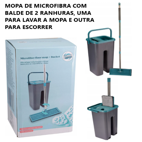 Mopa De Microfibra C/Balde 2 Ranhuras 1-Lavar 1-Escorrer    