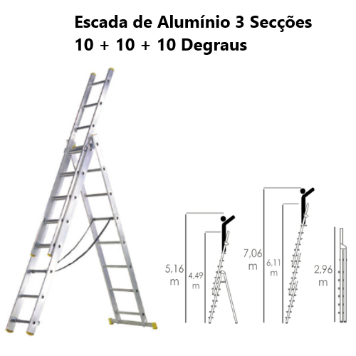 Escada Em Aluminio 3 Secções De 10 Degraus C/Gancho Seg.    