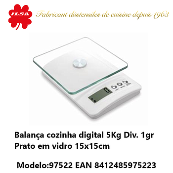 Balança Cozinha Digital 5Kg Div.1Gr Prato Vidro 15X15Cm Ilsa