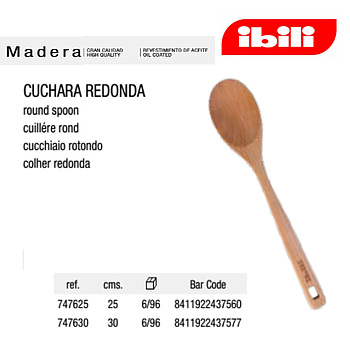 Colher De Madeira Redonda Faia  25Cm Ibili                  