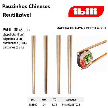 Pauzinhos Chineses 8 Unidades Mad. De Faia  24Cm Ibili      