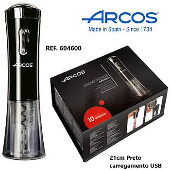 Saca Rolhas Eletrico Preto C/Caixa Carga Usb 21Cm Arcos     