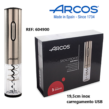 Saca Rolhas Eletrico Inox C/Caixa Carga Usb 19,5Cm Arcos    