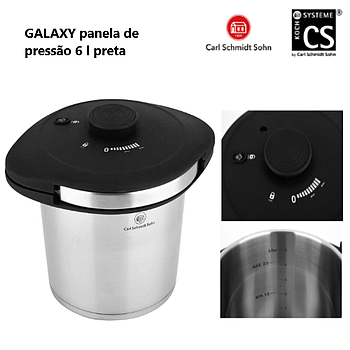 Galaxy Panela De Pressão 6 Lt Inox Tampa Preta              