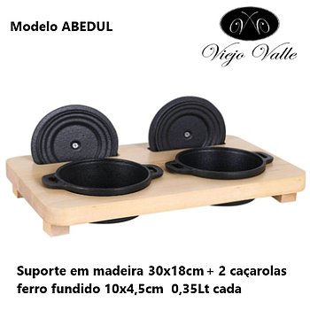 Suporte Abedul Madeira 30X18Cm+2 Caçarolas Ferro 10X4.5Cm   