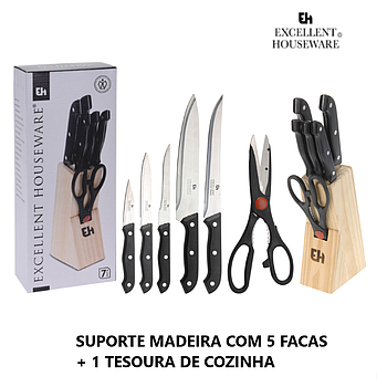 Suporte Madeira Com 5 Facas + 1 Tesoura De Cozinha          