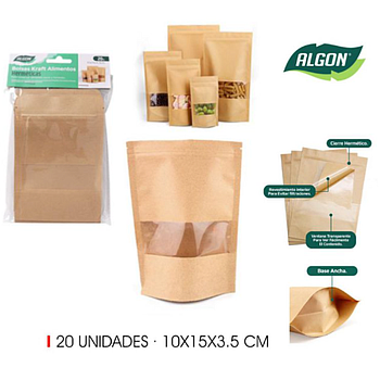 Saco Kraft C/Janela P/Alimentos 20 Unid. 10X15X3,5Cm Algon  