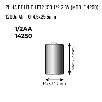 Pilha Lítio Lpt2 150 1/2 3,6V Mod.14250 1200Mah Ø14,5X25,5Mm