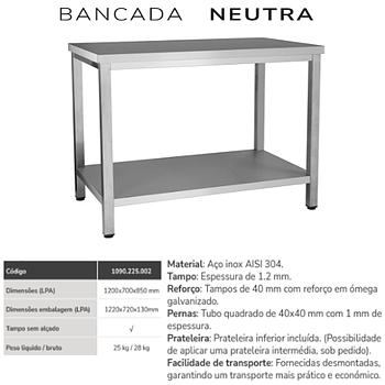 Bancada Neutra Inox Sem Alçado C/ 1 Prat 1200X700X850Mm     
